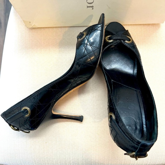 Christian DIOR Vintage Cannage High Heel Black Patent Leather Peep Toe Pumps 8.5 - Picture 8 of 17